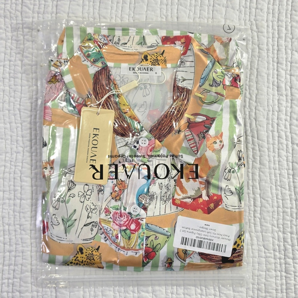 Ekouaer Pajama Set Women Small Multicolor NWT Satin Silky Animal Loungewear Cats